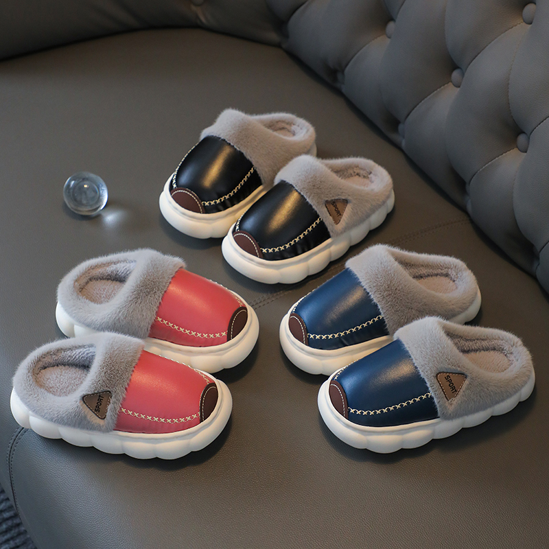 儿童棉拖鞋PU皮防水软底防滑