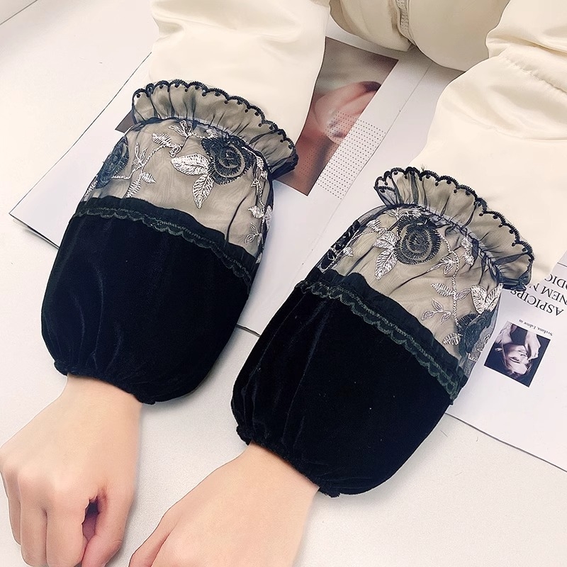 秋冬金丝绒蕾丝短款羽绒服护袖套成人女士学生套袖头手袖防水黑色