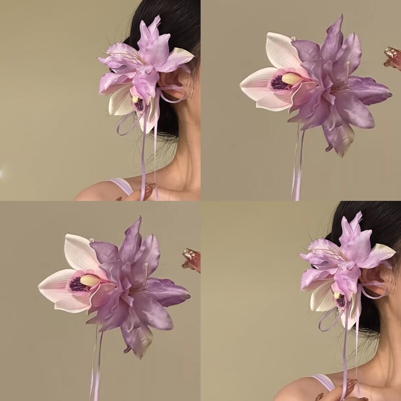 紫藤花森系紫色蕙兰花朵流苏发夹女超仙氛围感仿真头花侧边夹发饰