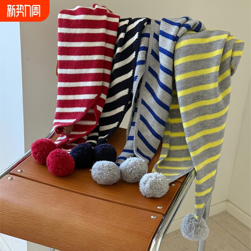 港风针织条纹毛球外披三角围巾女秋冬保暖装饰披肩围脖红白日系