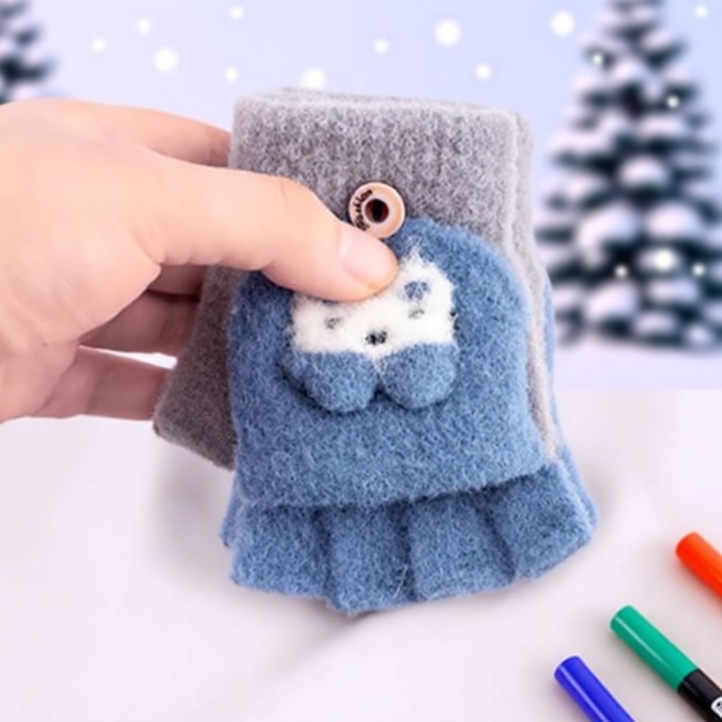 儿童手套冬季可爱防寒学生写字半指男童女小孩保暖翻盖防风