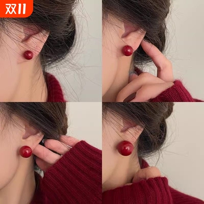 ~安可拉珍珠红色女2024新年爆款高级感耳钉气质独特耳饰金豆925银