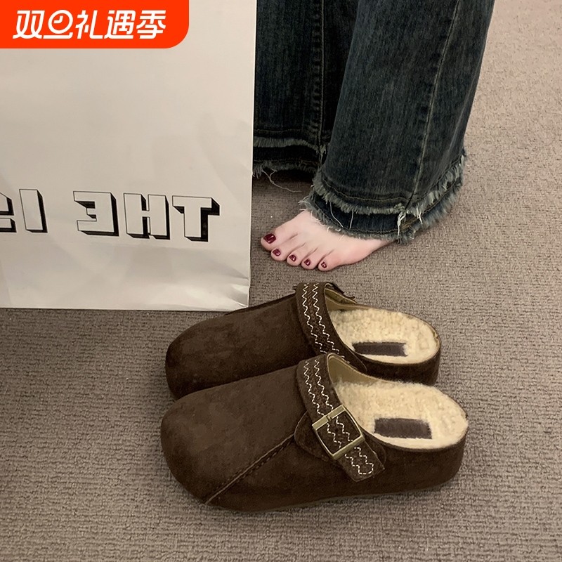 内增高加绒勃肯鞋女2025新款秋冬包头外穿一脚蹬懒人博肯厚底拖鞋