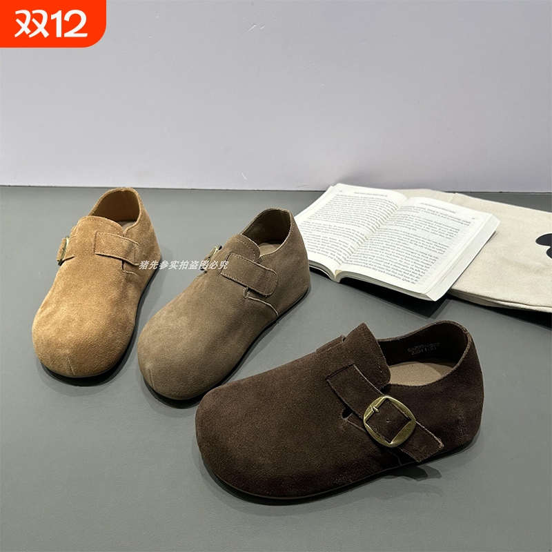 米家厚底真皮勃肯鞋女2025秋冬新款内增高一脚蹬皮带扣加绒卡其色