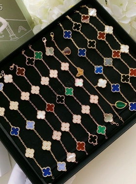 幸运草五花手链18k金色白贝母黑白熊猫玛瑙镭射纯银V金不掉色