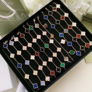 幸运草五花手链18k金色白贝母黑白熊猫玛瑙镭射纯银V金不掉色