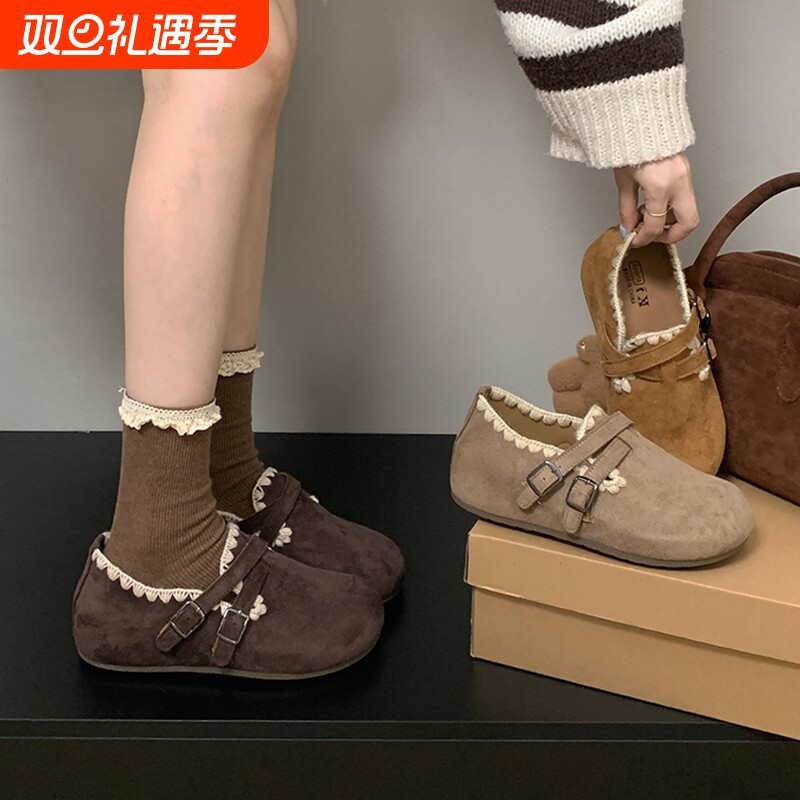 棕色复古厚底全包勃肯鞋女2025新款秋季配裙子百搭单鞋内增高中跟