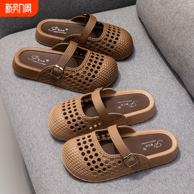 26夏季新一脚蹬复古鞋女厚底包头半凉拖鞋妈妈外穿平底单鞋女休闲