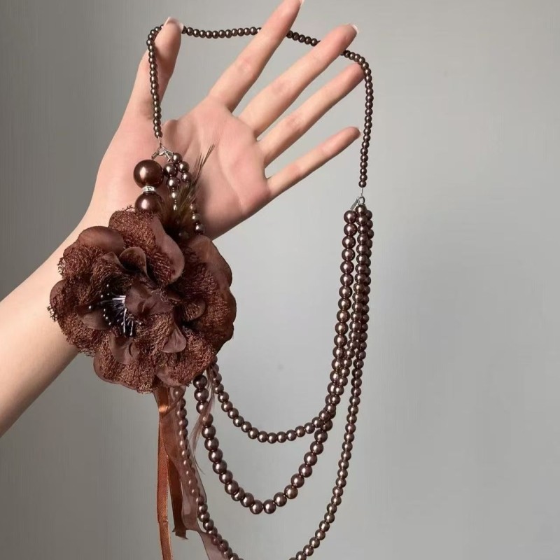 复古仿珍珠蕾丝花项链女生长款三层骨链氛围感毛衣链多层颈链花朵