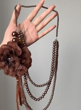 复古仿珍珠蕾丝花项链女生长款三层骨链氛围感毛衣链多层颈链花朵