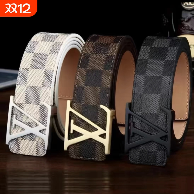 皮带男士真皮印花格纹新款平滑内扣年轻人名牌腰带奢侈品裤带男潮