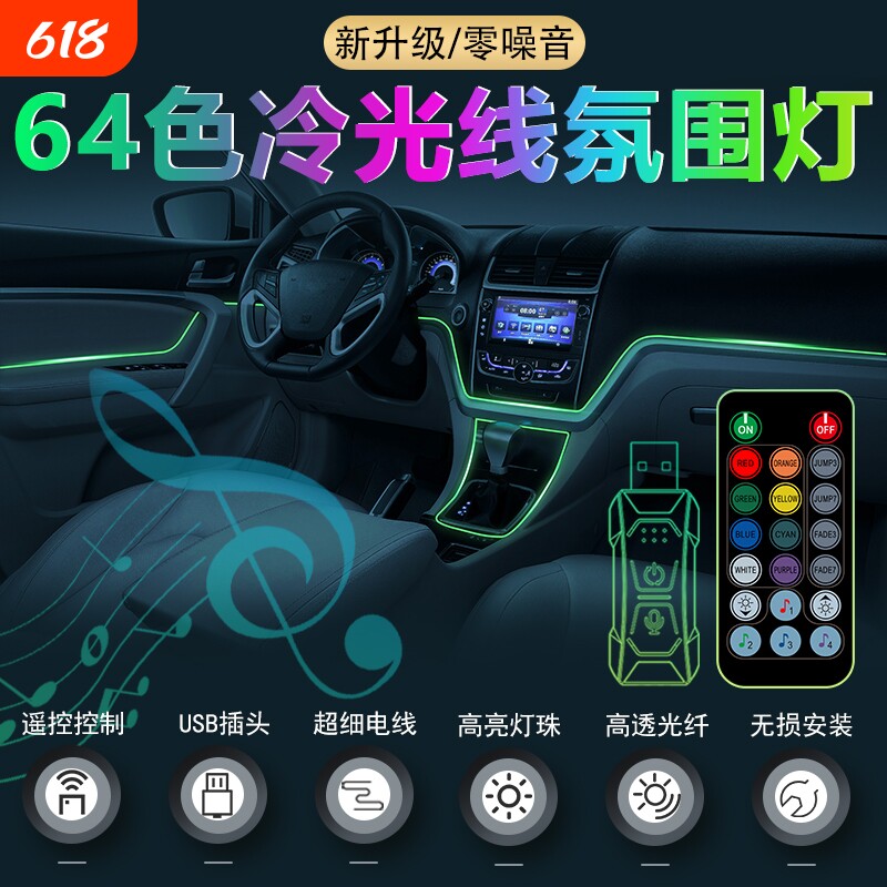 车内七彩冷光线免接线中控车门汽车LED氛围灯USB光导线声控气氛灯