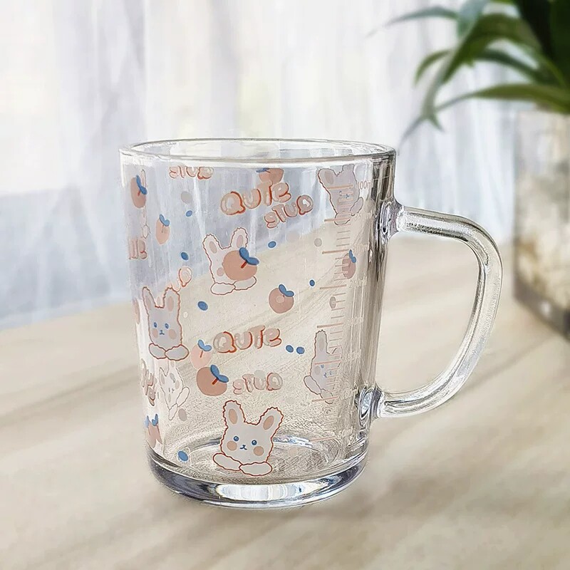 ins卡通杯子玻璃杯吸管杯勺刻度牛奶杯早餐杯情侣用微波炉便携