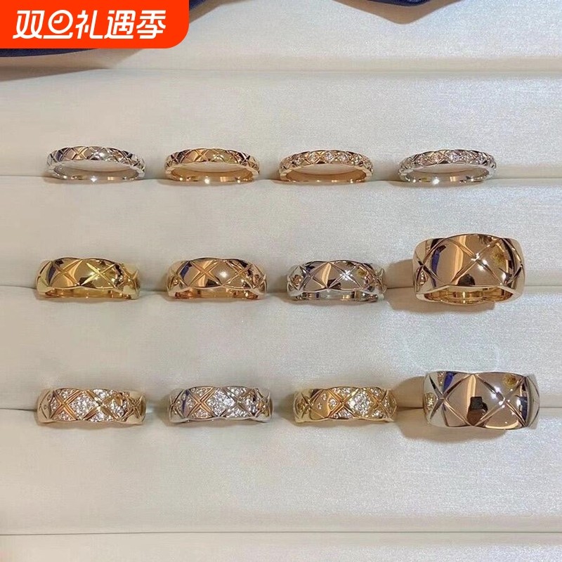 高级感小香风CNC版本V金菱格纹素圈食指中指戒指女轻奢不掉色指环