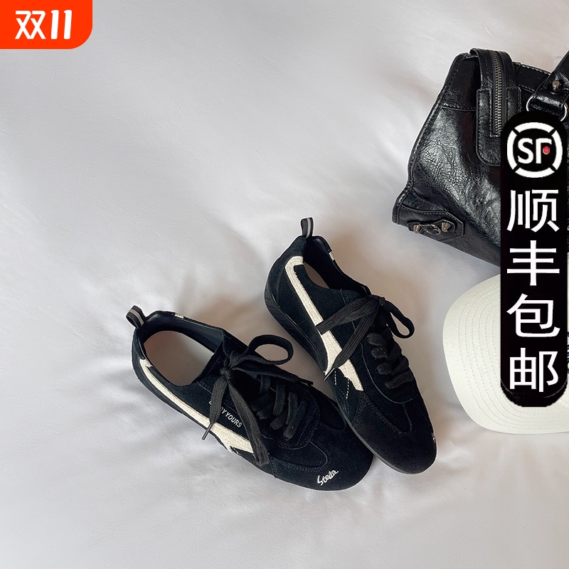 新款系带德训鞋2025夏季复古黑色情侣款百搭阿甘鞋运动休闲赛车鞋