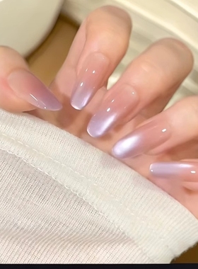 猫眼美甲穿戴甲中长款手工显白短款2025新款高级感椭圆蝴蝶紫色系