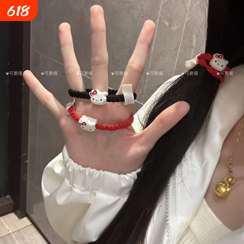 皮筋可爱红色Kitty猫编织发圈女高级感扎马尾高弹力发饰头绳秋冬