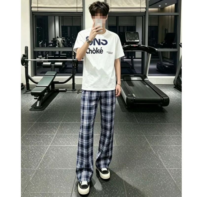 MlNASl黑白格子裤子男款春秋季宽松阔腿情侣直筒休闲长裤蓝色黑色