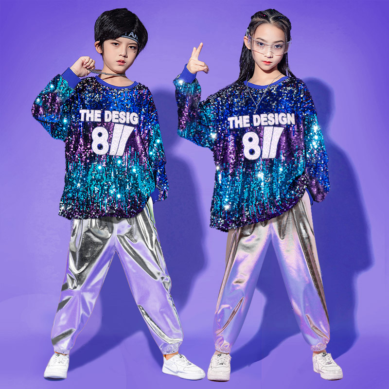 儿童啦啦队演出服男女童嘻哈街舞架子鼓潮服爵士舞蹈亮片服装模特