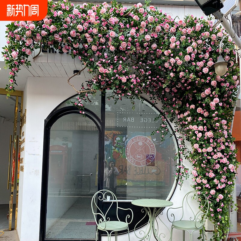 仿真玫瑰花藤墙面装饰假花藤条蔓空调水管阳背景台道造景逼真蔷薇