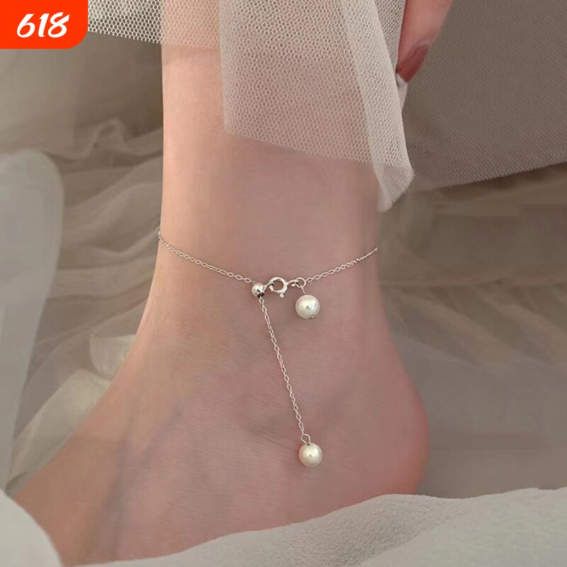 s925银时尚高级感仿珍珠脚链女小众设计足链伸缩可调节流苏脚饰