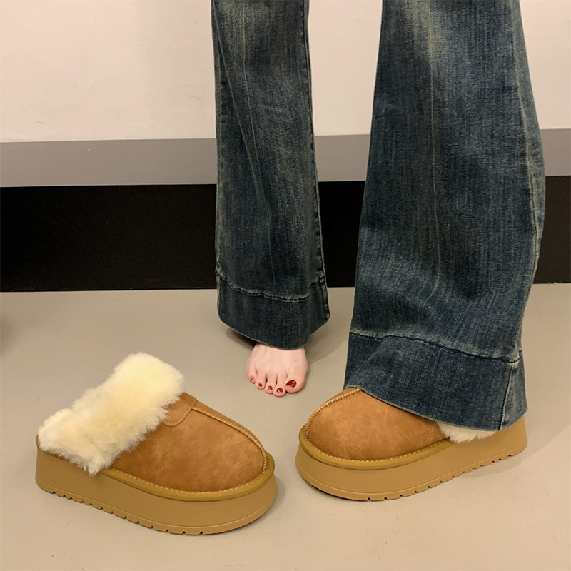 厚底增高加绒保暖雪地靴半拖毛毛棉拖鞋女外穿2025新款冬季一脚蹬
