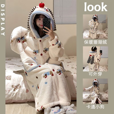 珊瑚绒睡衣睡袍套装女加厚男秋冬