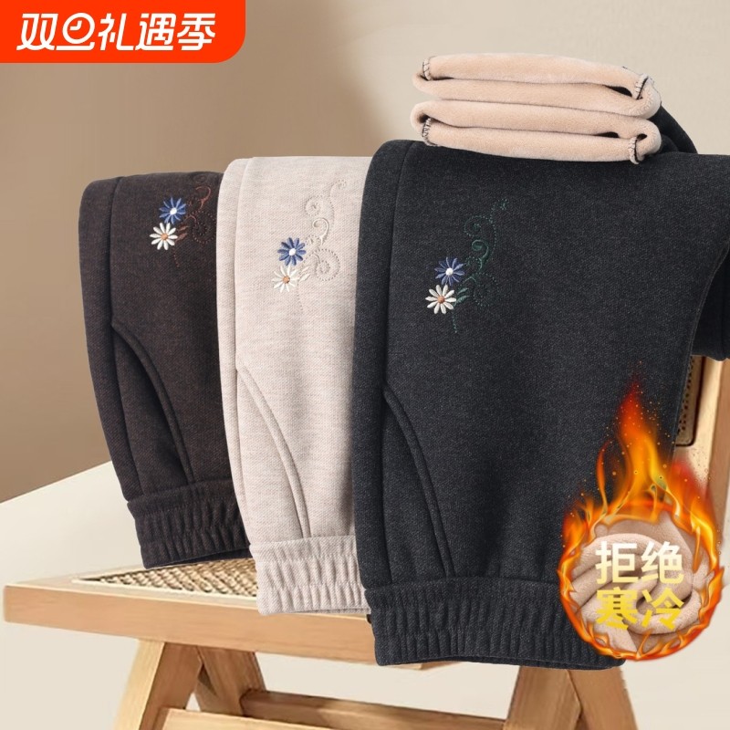 妈妈装秋冬季加绒加厚长裤中老年奶奶装裤子松紧腰直筒裤小个子