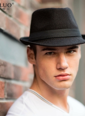 秋冬季爵士小礼帽男女毛呢帽英伦绅士帽子黑色西部牛仔帽平顶红色