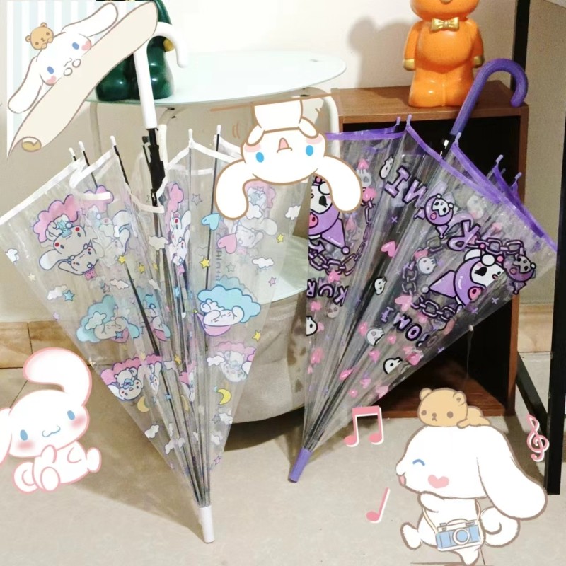 三丽鸥加厚长柄玉桂狗防风库洛米透明全自动儿童卡通雨伞两用粉色