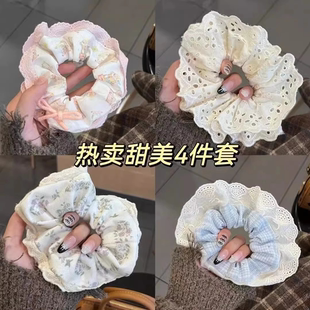 髪圈芭蕾風(fēng)奶藍(lán)格子重工蕾絲花邊韓版 大腸發(fā)圈可愛奶油發(fā)雙層蝴蝶