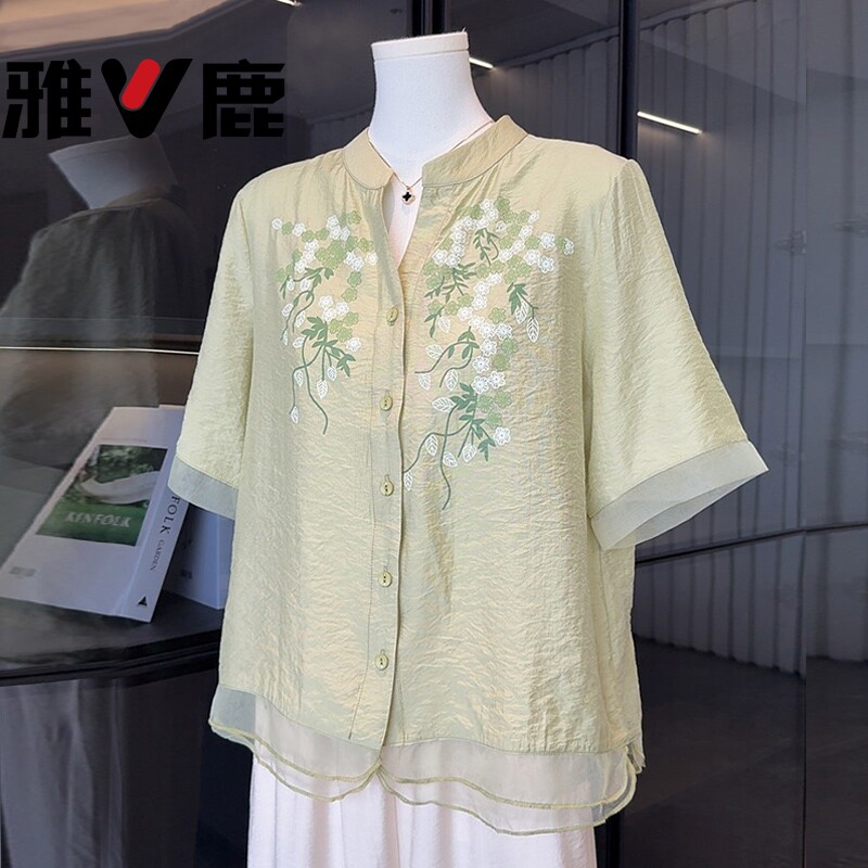 雅鹿妈妈短袖衬衫大码棉麻上衣两件套中老年人女装夏季母亲节套装