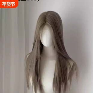 混血baby·亚麻灰棕长直发假发高温丝蕾丝全头套女感中分刘海前额