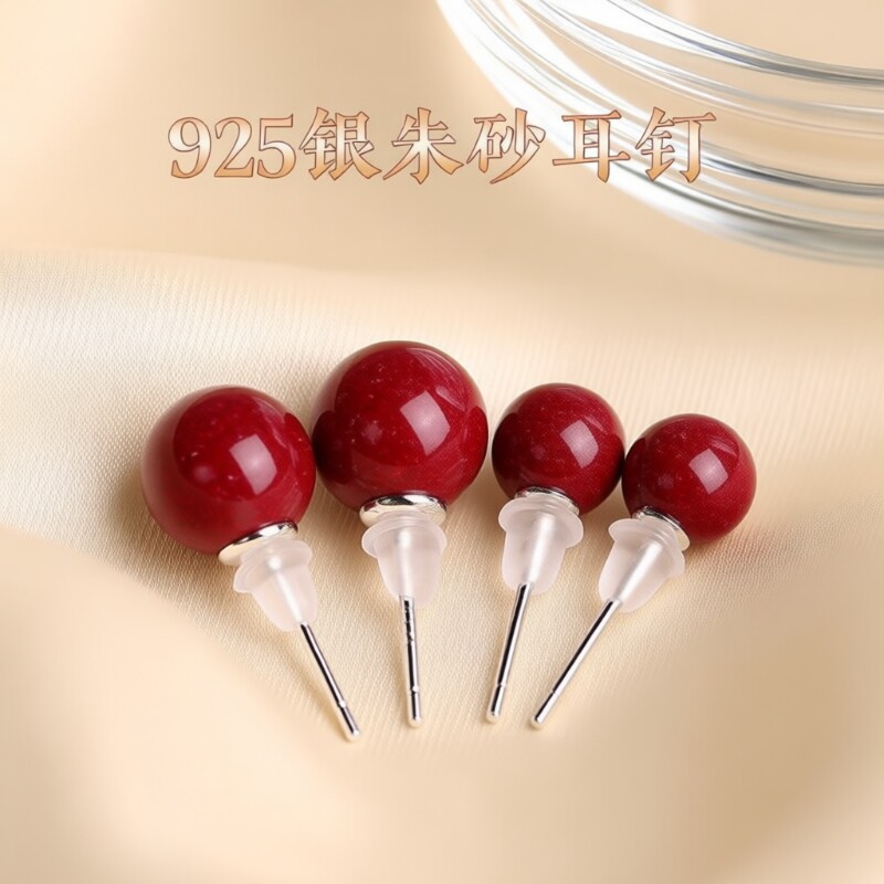 朱砂耳钉s925纯银耳针女转运招财耳环相思豆爆款耳饰养耳洞精致