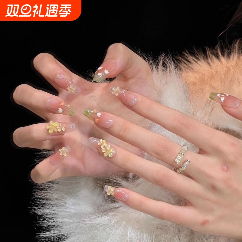 显白冰透立体穿戴甲郁金香美甲贴学生法式新年黑皮蝴蝶碎钻简约