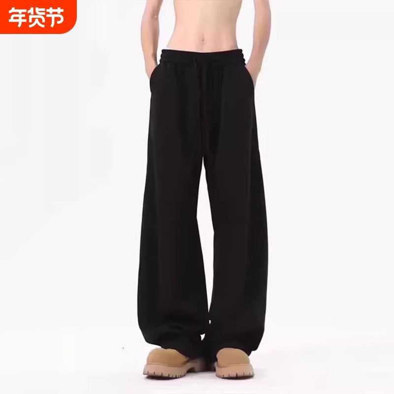 黑色弯刀裤子男款冬季加绒加厚阔腿重磅运动卫裤宽松直筒休闲长裤,男装,休闲裤,淘宝优惠券,粉丝福利购,淘宝优惠卷