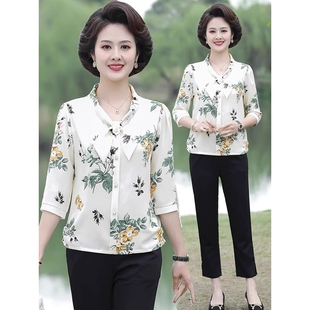 t恤上衣50岁60中老年夏季 母亲节小个子妈妈春装 洋气新款 中袖 套装
