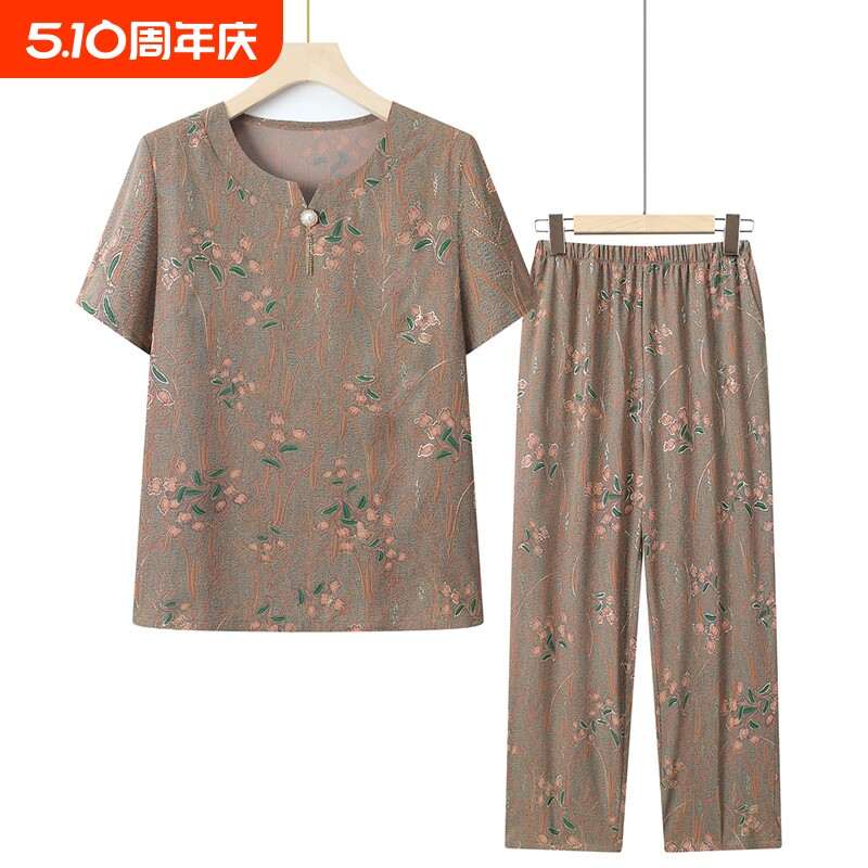 中老年人夏装冰丝套装女妈妈装夏款两件套奶奶装短袖老人衣服宽松