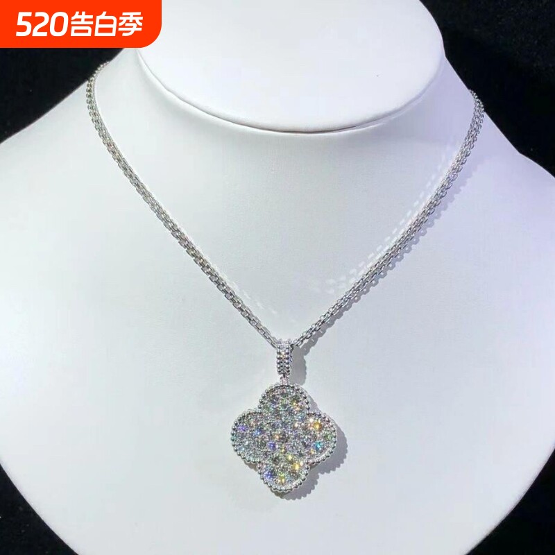 超闪白金品质满钻幸运草项链锁骨链952银不过敏925银金色纯银