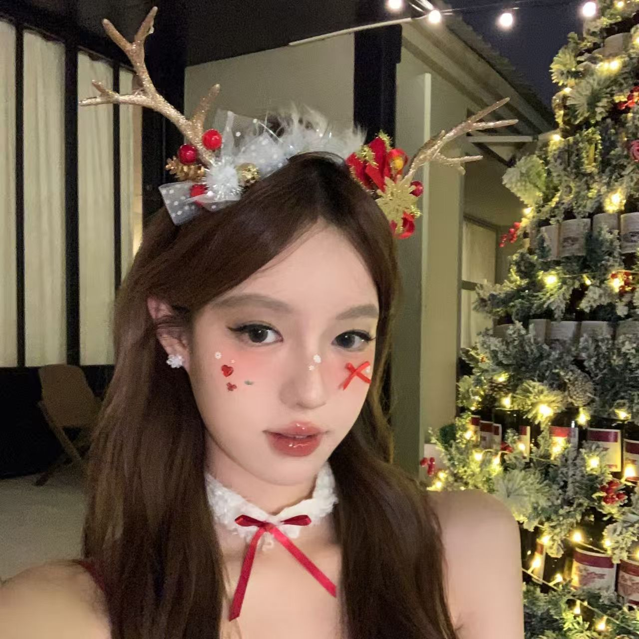 圣诞节拍照氛围羽毛鹿角发箍头饰女cos配饰发饰品秋冬新款蝴蝶结