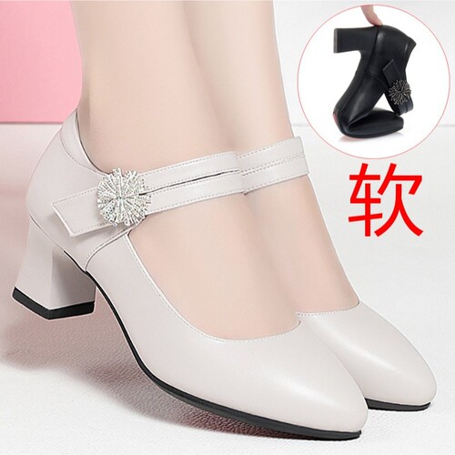 意尔康心选静音一字扣带中年妈妈鞋跳舞配旗袍女鞋中老年粗跟中跟