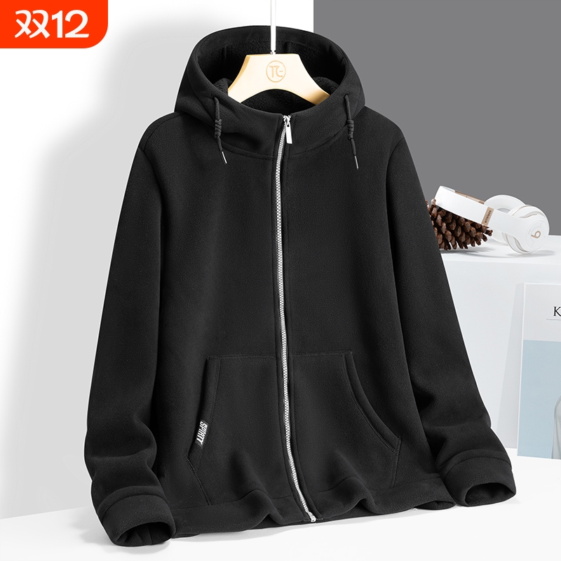 秋冬新款摇粒绒外套男女保暖加绒加厚抓绒衣外套运动连帽开衫卫衣