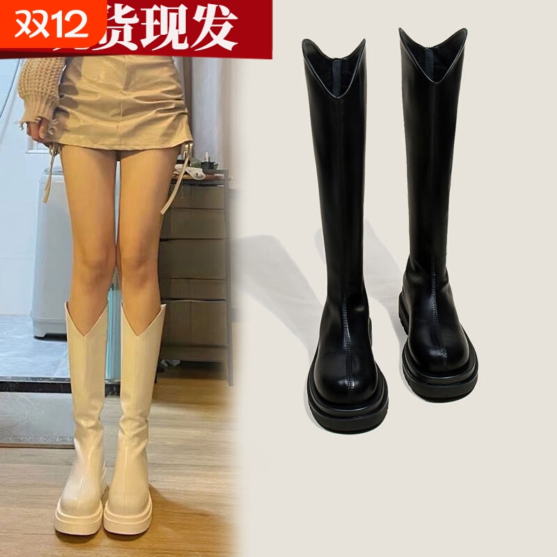 v口长靴女2025春秋新款显瘦增高白色长筒靴高筒骑士靴鞋子粗跟