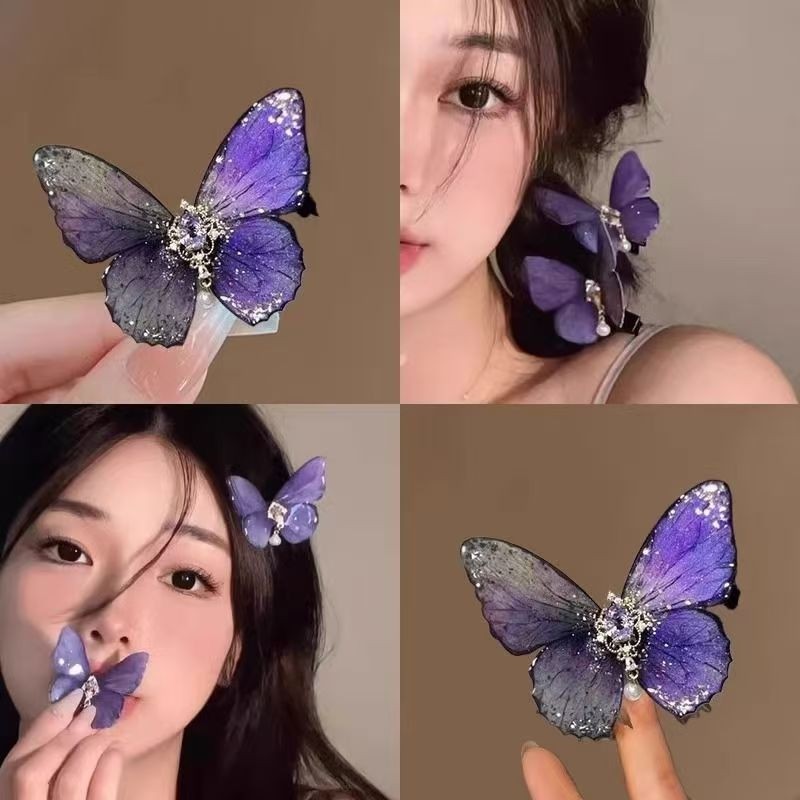 刘海侧边精致蝴蝶边夹超仙复古发夹女紫蓝抓夹高级发饰头饰发卡