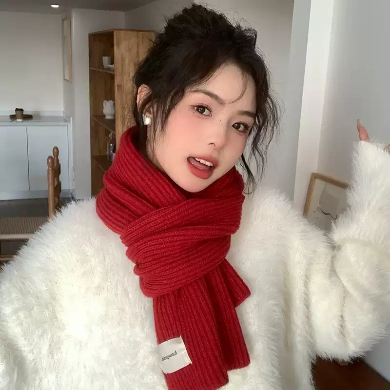 红色围巾女冬季2025新款高级感圣诞节保暖加厚毛线围脖潮黑色针织