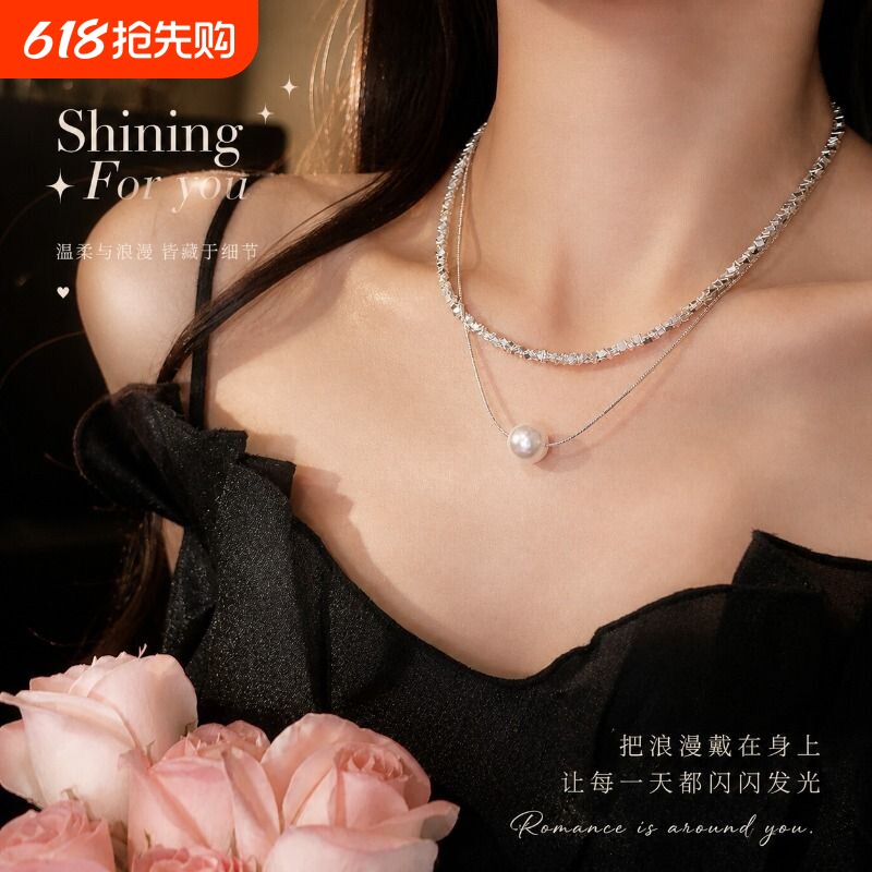 双层碎银珍珠吊坠项链女2026新款爆款高级感锁骨链甜酷风颈链配饰