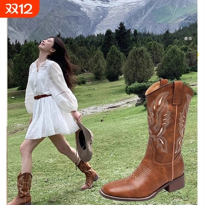 西部牛仔美新疆草原骑士靴马丁靴子女夏2025新款中筒短靴鞋子粗跟