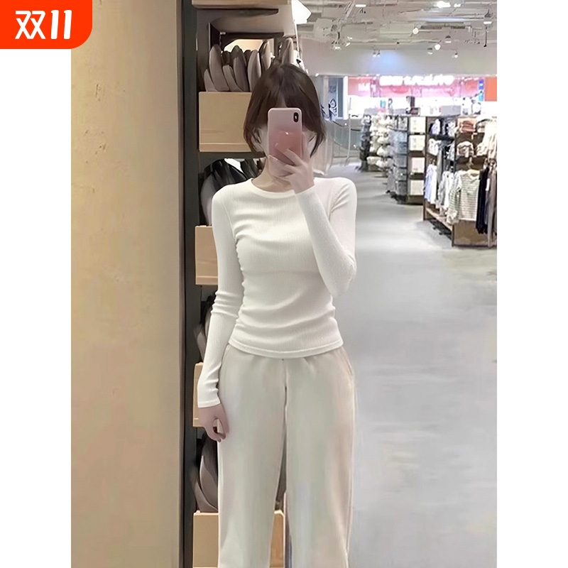 白色长袖T恤女春秋冬新款修身显瘦内搭打底衫基础齐腰外穿上衣潮