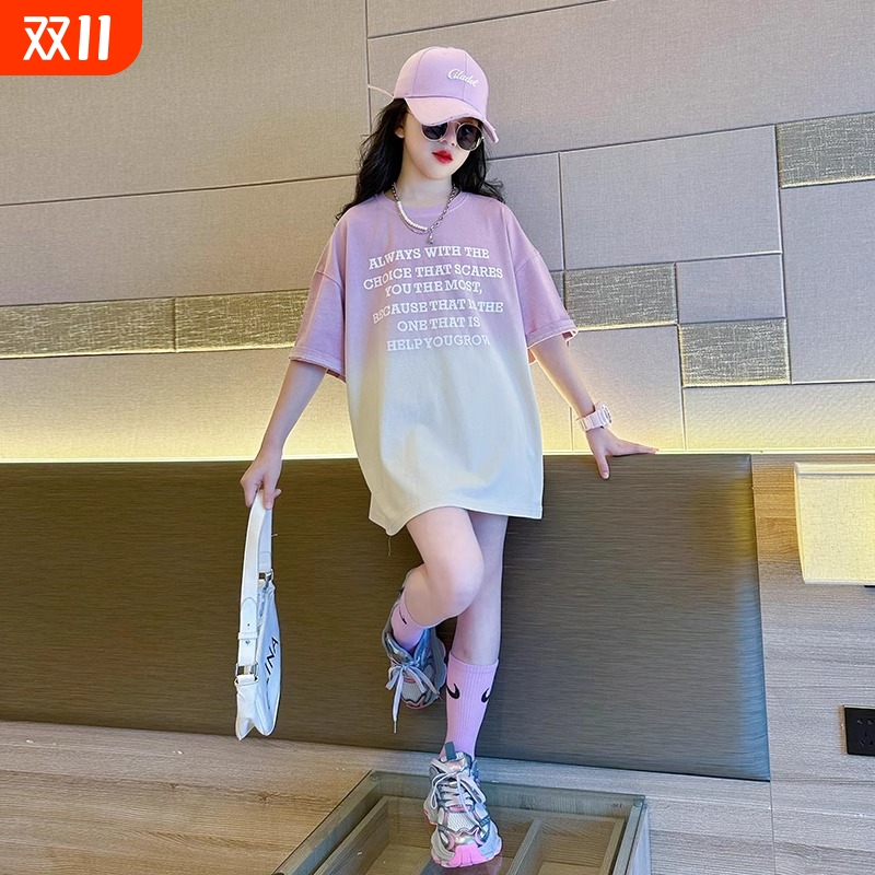 女童大童短袖T恤儿童装洋气时髦纯棉夏装半袖夏季女孩上衣服8岁12