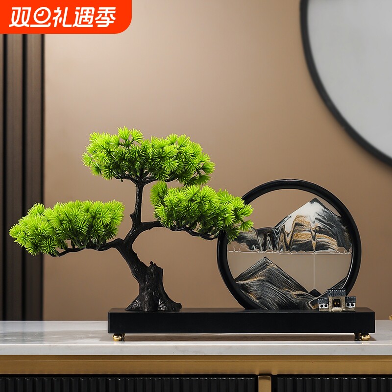 迎客松流沙画沙漏摆件客厅玄关办公室茶室桌新中式禅意酒柜装饰品